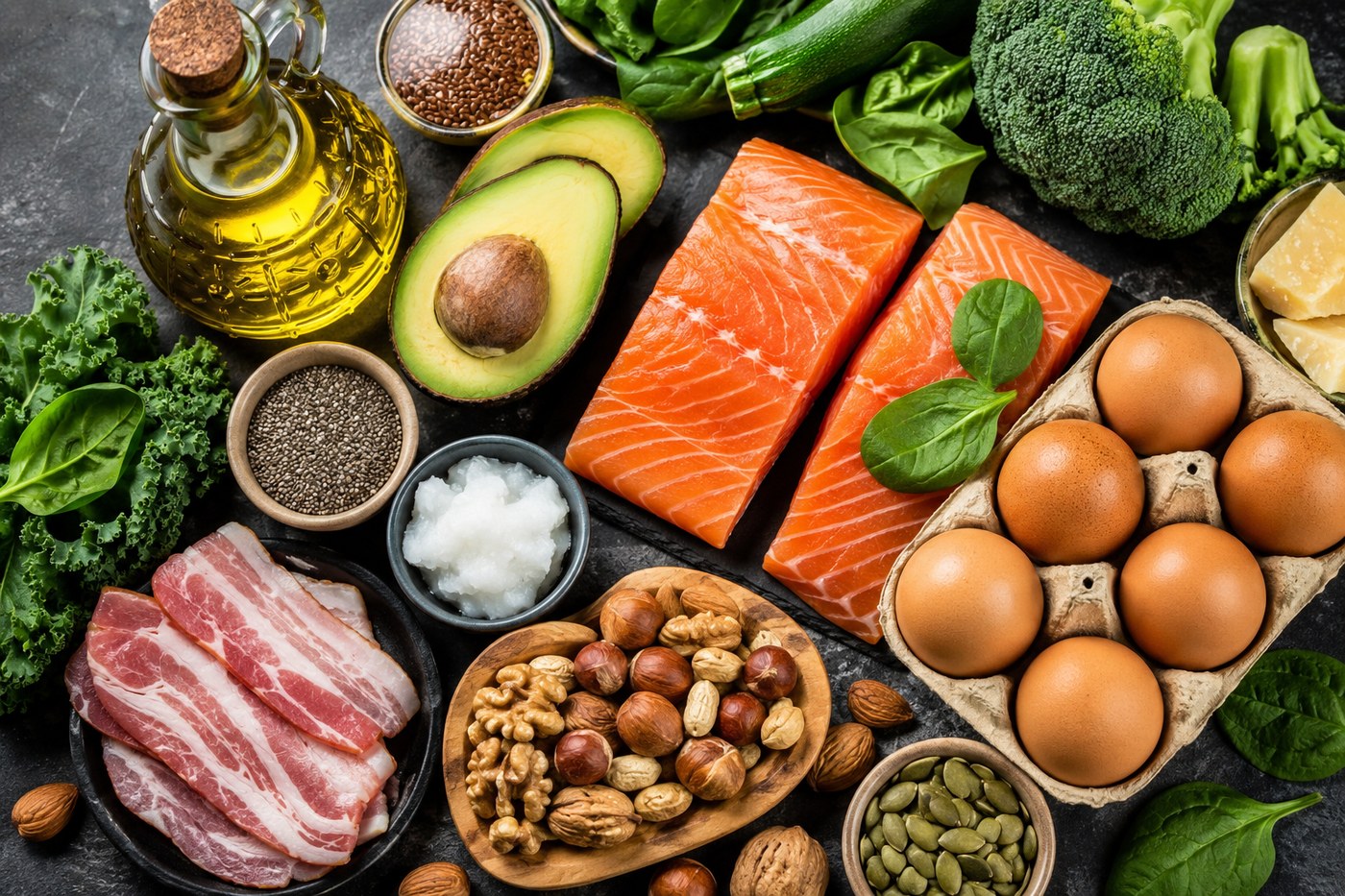 Produkty diety ketogenicznej – łosoś, jajka, awokado, oliwa, orzechy i warzywa