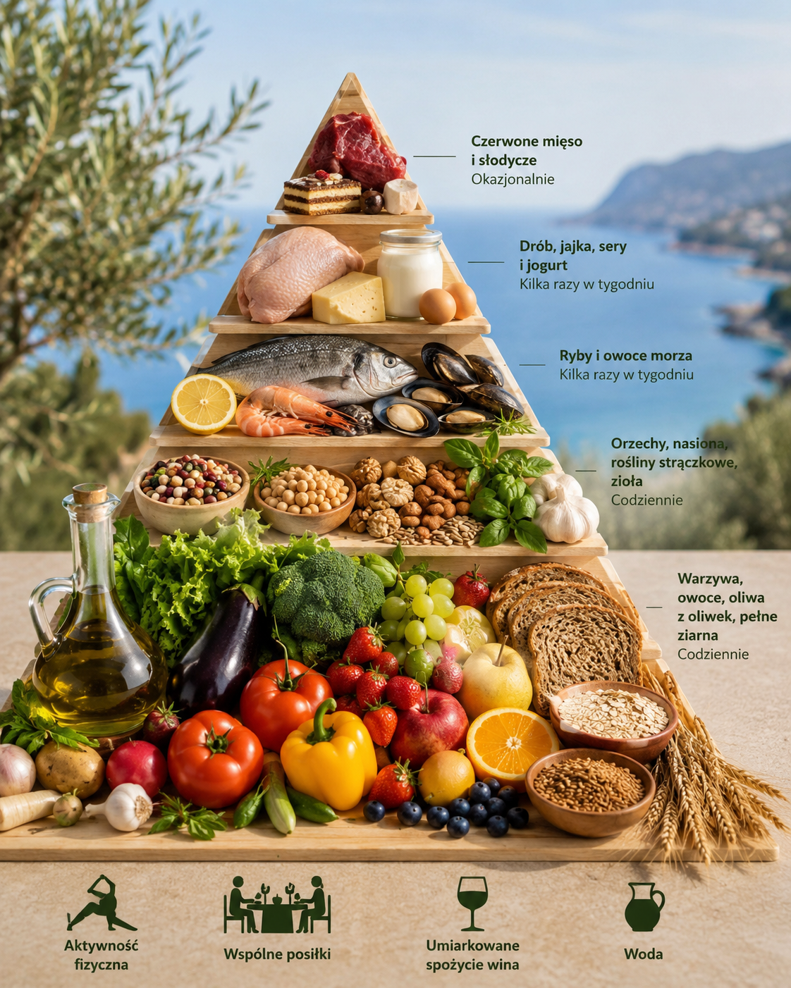 Piramida diety śródziemnomorskiej przedstawiona za pomocą naturalnych produktów spożywczych