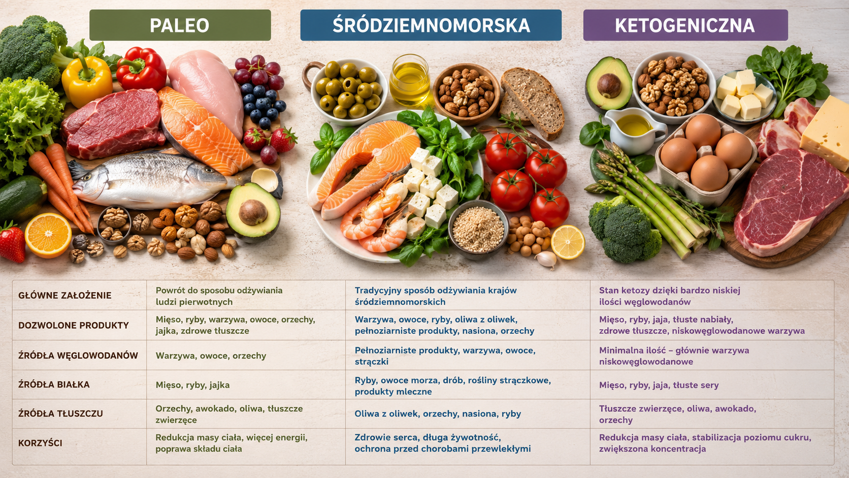 Porównanie diety paleo, śródziemnomorskiej i ketogenicznej